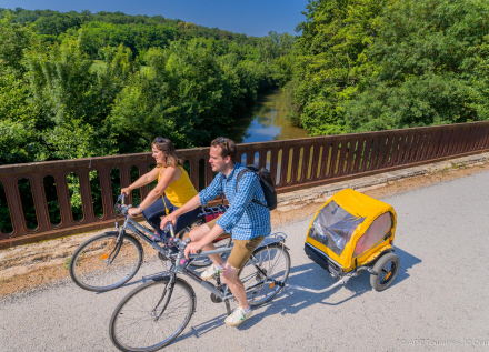 couple à vélo sur un pont de la voie verte du sud touraine