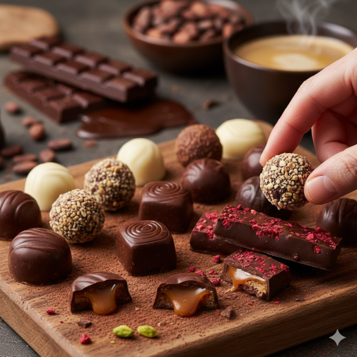 Une main prend des bouchées en chocolat